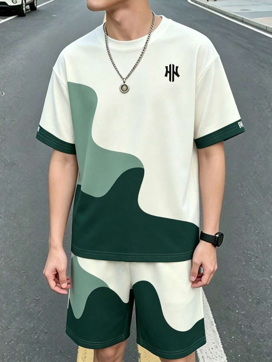 男童 2 件式運動套裝-綠色與白色拼接波浪短袖 T 恤與短褲,夏季運動休閒穿搭 - 彩色 - 查看 1