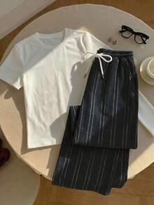 SHEIN Essnce 2pcs/Set Embroidered Round Neck Short Sleeve Top And Striped Print Pants, Casual - Multicolor - View 7
