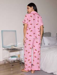 Lowkey Lull Cherry Print Lapel Collar Short Sleeve Pajama Set For Women - Multicolor - View 5