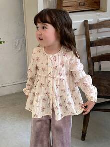 DAZY Baby Girl Round Neck All-Over Floral Print Long Sleeve Top Toddler Fall - Beige - View 1