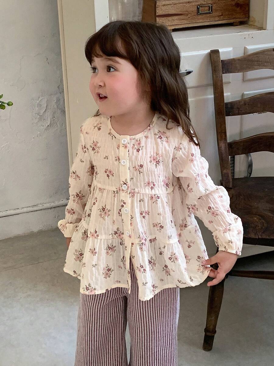 DAZY Baby Girl Round Neck All-Over Floral Print Long Sleeve Top Toddler Fall - Beige - View 1