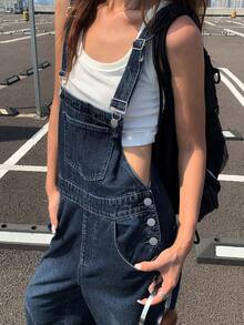 DAZY 女款寬鬆休閒牛仔吊帶褲 Y2K 校園風 - 藍色 - 查看 5