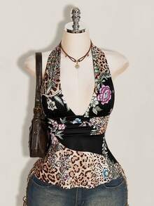 SHEIN ICON 女款中式拼接色豹紋花卉露背掛脖上衣 - 黑色 - 查看 4