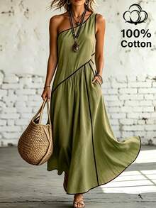 SHEIN Holidaya Women's Summer Pure Cotton Slouchy Linen-Like Asymmetric Shoulder Elegant Loose Contrast Trim Long Dress, Gentle Style, Vacation Style, Fresh Versatile, Youthful, Pastoral Style, Home Wear - Green - View 6