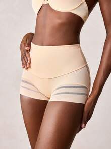 Veilyse 1pc Women High Waist Shaping Panties, Striped Lifting Mesh Waist Slimming Pants, Abdomen Control Flat Belly Shapewear Shorts - Apricot - View 1