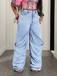 SHEIN VaVaLuxe Casual Streetwear Outdoor Ruched Design Women's Jeans Going Out Night Out Light Blue Summer - Blue - View 6