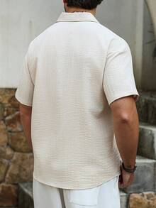 VENTUSAIL 男士休閒紋理短袖領襯衫，淺米色夏季度假襯衫，適合日常穿著、日常休閒、週末旅行、戶外活動、假期 - 杏色 - 查看 3