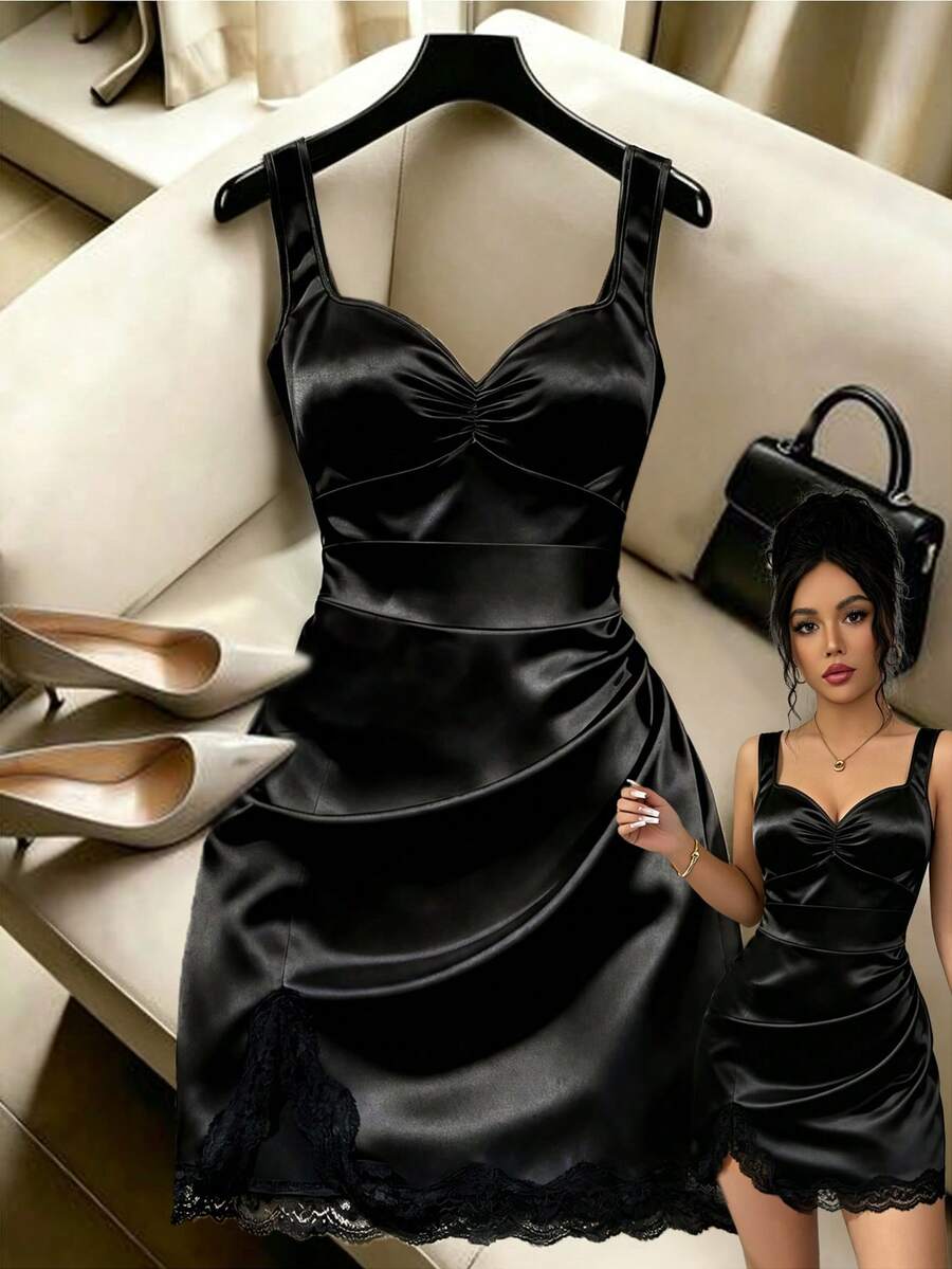 GlowEve Vestido corto elegante y ajustado sin mangas con tirantes finos sexy para mujer, decorado con ribete de encaje con volantes, adecuado para uso diario, vacaciones, Y2K, primavera/verano, vuelta al colegio, citas, fiestas, playa, negocios y otras ocasiones, vestido negro, atuendo para temporada de graduación, ropa casual versátil de moda, atuendo profesional de maestra urbana - Negro - Ver 1