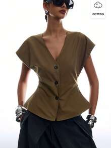 LYSMO Chemise de vacances polyvalente à simple boutonnage de couleur unie pour femmes - Tabac - Voir 1