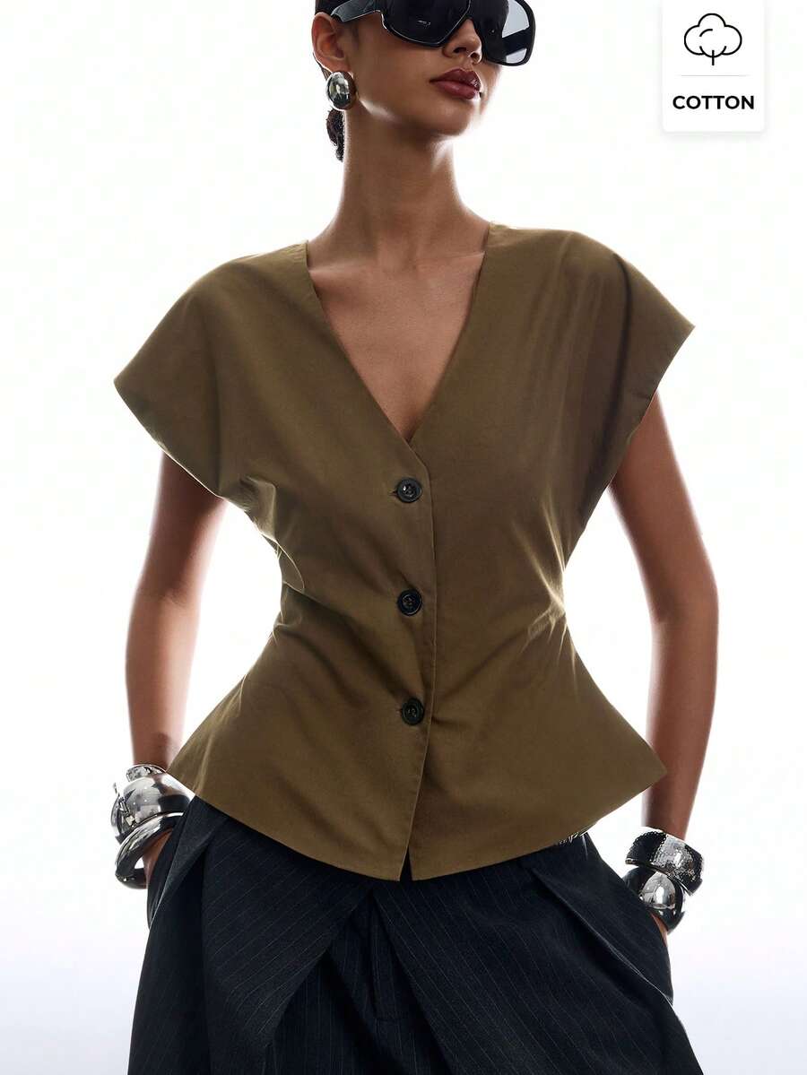 LYSMO Chemise de vacances polyvalente à simple boutonnage de couleur unie pour femmes - Tabac - Voir 1