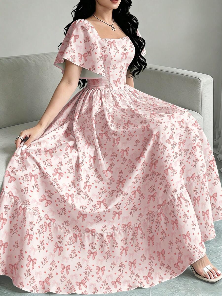 Modelyn Gaun Elegan Motif Digital Kupu-kupu & Bunga untuk Wanita, Gaun Modis Leher Persegi Lengan Mengembang Lengan Pendek dengan Desain Hem Bergelombang, Gaya Liburan Musim Panas - MultiWarna - View 1