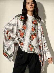 Frievida Kemeja Wanita Lengan Panjang Longgar dengan Motif Blok Warna Vintage, Desain Lengan dan Ujung Bawah Berbentuk Syal Persegi, Gaya Liburan Elegan untuk Beraktivitas Sehari-hari - MultiWarna - View 5