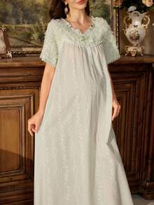 PalaceNights French Vintage Maternity Dress, Embroidered Long Maternity Dress, Gentle Style Home Dress - Mint Green - View 1
