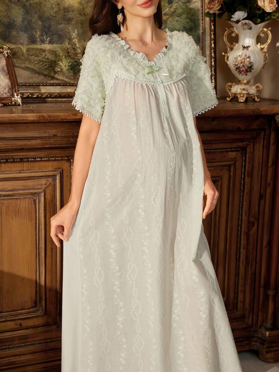 PalaceNights French Vintage Maternity Dress, Embroidered Long Maternity Dress, Gentle Style Home Dress - Mint Green - View 1