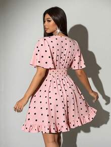 Viva Relle Plus Size Women Deep V-Neck Polka Dot Sexy Bowknot Dress - Pink - View 6