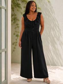 ELLERISSA Mono de pierna ancha con cuello en V de encaje negro, sin mangas y con volantes, con cinturón, talla grande - Negro - Ver 5