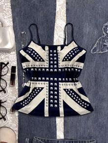 Sunspun Plus Size American Retro Rock Casual Rivet Print Camisole Top For Women 2026 Summer Y2K Hot Girl Style Slimming Concert Club Navy Blue - Blue - View 1