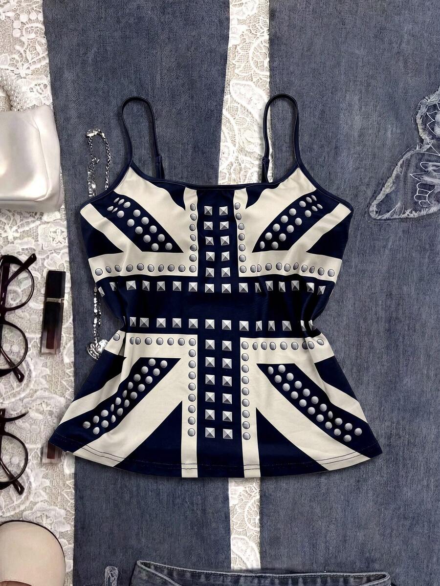 Sunspun Plus Size American Retro Rock Casual Rivet Print Camisole Top For Women 2026 Summer Y2K Hot Girl Style Slimming Concert Club Navy Blue - Blue - View 1