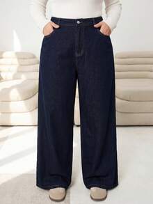 SHEIN Tall CURVE 大尺碼休閒水洗寬鬆牛仔褲 - 藍色 - 查看 5