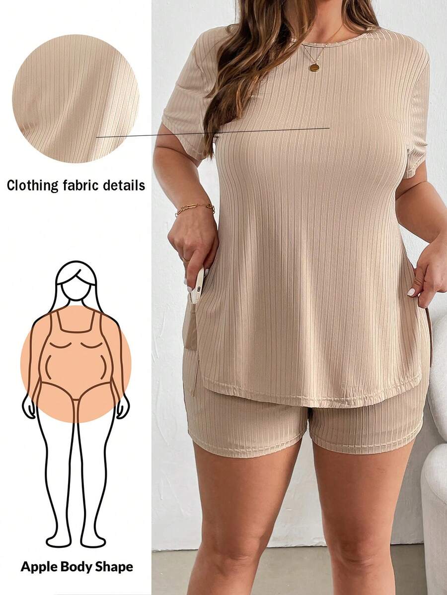 Shapeblank 大碼女士夏季純色圓領短袖T恤 ，帶側口短袖牛仔套裝