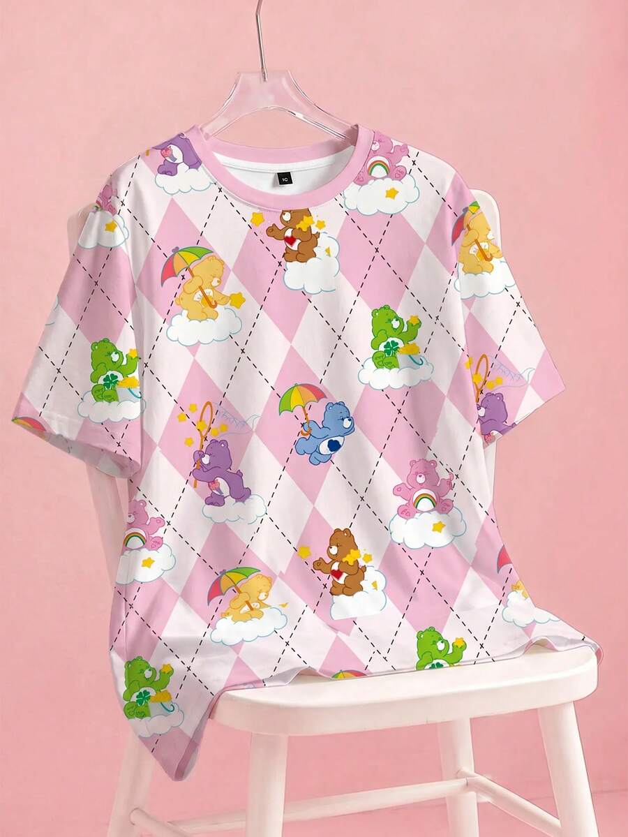 SHEIN X Care Bears Plus Size Women's Cartoon Print Round Neck Short Sleeve Casual T-Shirt - White - View 1