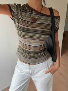 Aloruh 女款條紋不對稱肩短袖修身休閒T恤 - 彩色 - 查看 4