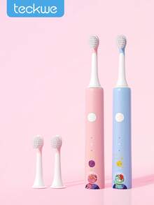 Teckwe Cepillo de dientes eléctrico recargable con diseño de dibujos animados, automático, con cabezales de cepillo de repuesto suaves, múltiples modos, resistente al agua, cepillo de dientes para el cuidado oral de niños - Multicolor - Ver 1