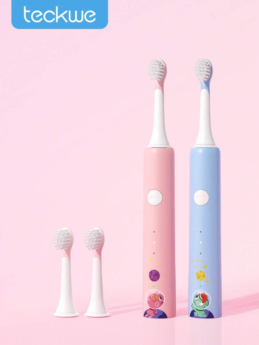 Teckwe Cepillo de dientes eléctrico recargable con diseño de dibujos animados, automático, con cabezales de cepillo de repuesto suaves, múltiples modos, resistente al agua, cepillo de dientes para el cuidado oral de niños - Multicolor - Ver 1