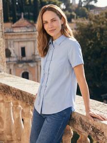 Dayvera Women's Baby Blue Summer Smart Casual Brunch Office Shirt,Polyester-Cotton-Linen Blend Minimalist Short Sleeve Folded Cuff,New Chinese-Style Top - Baby Blue - View 6