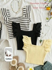 SHEIN 少女夏季休閒鏤空刺繡拼接T恤 - 黃色 - 查看 4