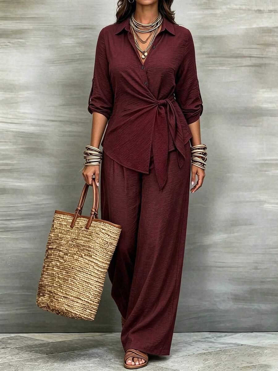 Weeklong Damen Große Größen Frühling/Herbst Lässig Hemd mit Revers, geraffter Taille und lockeren Hosen 2-teiliges Set, geeignet für Alltag und Büro - Bordeaux - Übersicht 1