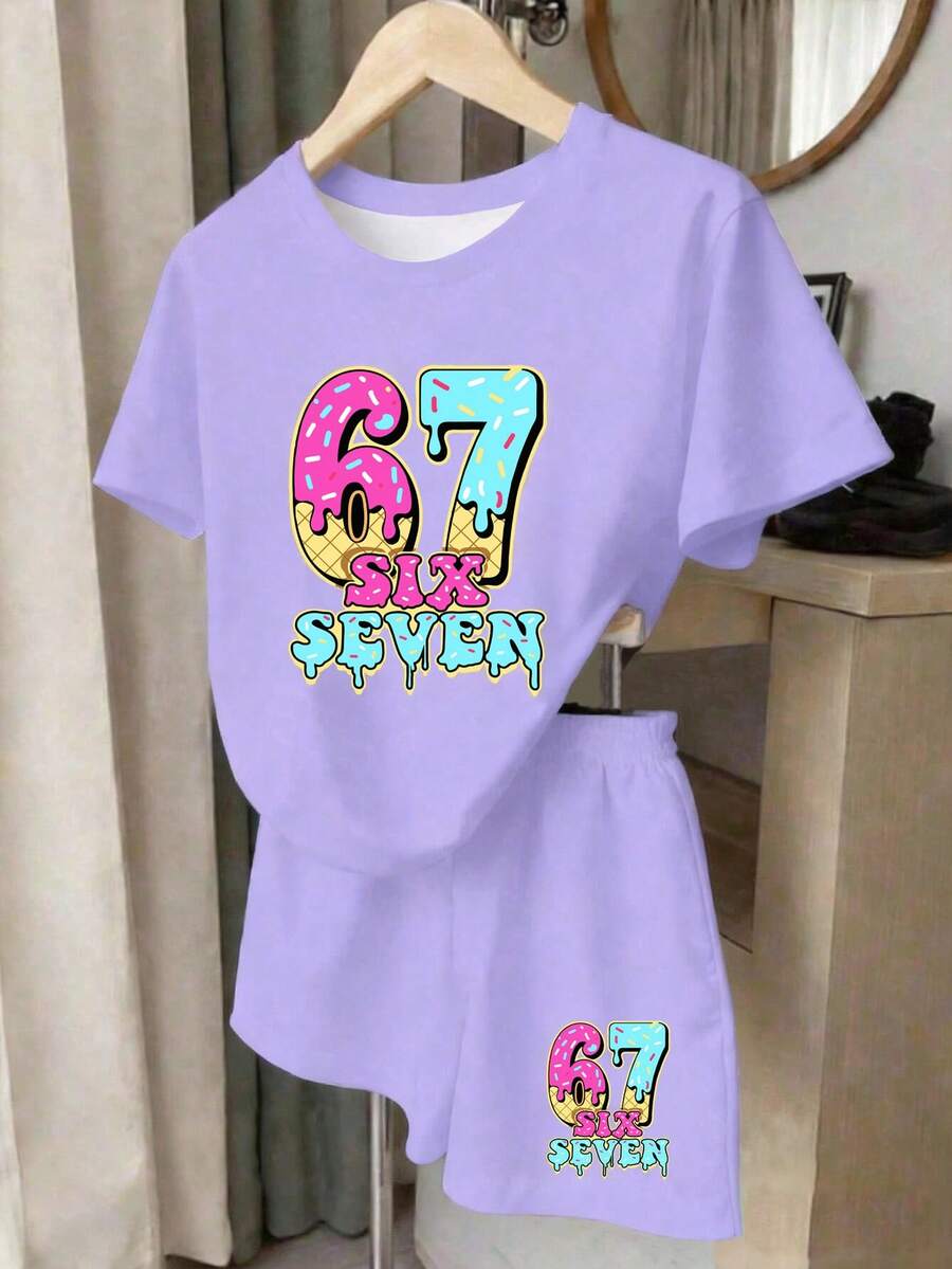 夏/秋季休閒時尚女童極簡數位 67 印花短袖 T 恤美式街頭彩色印花設計 2 件套,個性百搭穿搭,夏季前青春期女孩 T 恤與短褲套裝,適合 8Y-12Y 女孩,四季皆宜 - 白色 - 查看 1