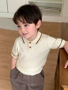 DAZY Infant/Toddler (Boy) Korean Style Striped Solid Color Short Sleeve Polo Collar Top - Beige - View 8