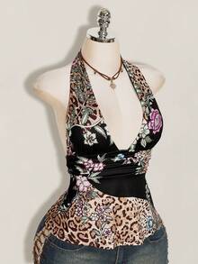 SHEIN ICON 女款中式拼接色豹紋花卉露背掛脖上衣 - 黑色 - 查看 9