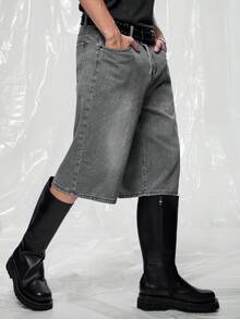 IRON GLYPH Men's Casual Washed Loose Wide Leg Denim Shorts - Grey - View 3