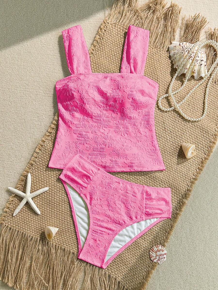 Swim Vcay 女款夏季海灘度假派對兩件式紋理提花面料泳衣套裝 亮粉色 輕盈性感 熱帶可愛風 - 玫紅色 - 查看 1