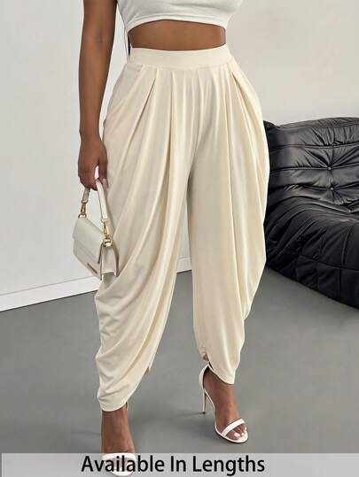 SHEIN PETITE CURVE Quần dài nữ size lớn phong cách thanh lịch thường ngày đi làm, màu cam mơ trơn, dáng rộng xếp ly len dệt kim, mẫu mới xuân/hè, phù hợp đi du lịch, đi biển, nghỉ lễ, giáo viên, công sở và các dịp khác, quần dài rộng màu kem thời trang