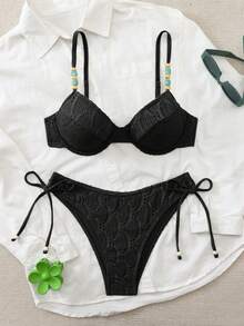 Swim Chiccia 26SS 春夏度假海灘紋理面料綠色鋼圈聚攏比基尼兩件套 - 黑色 - 查看 7