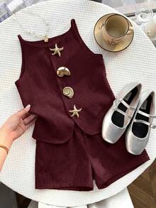 Tween Girl Metal Buckle Tank Top & Shorts Set - Burgundy - View 1