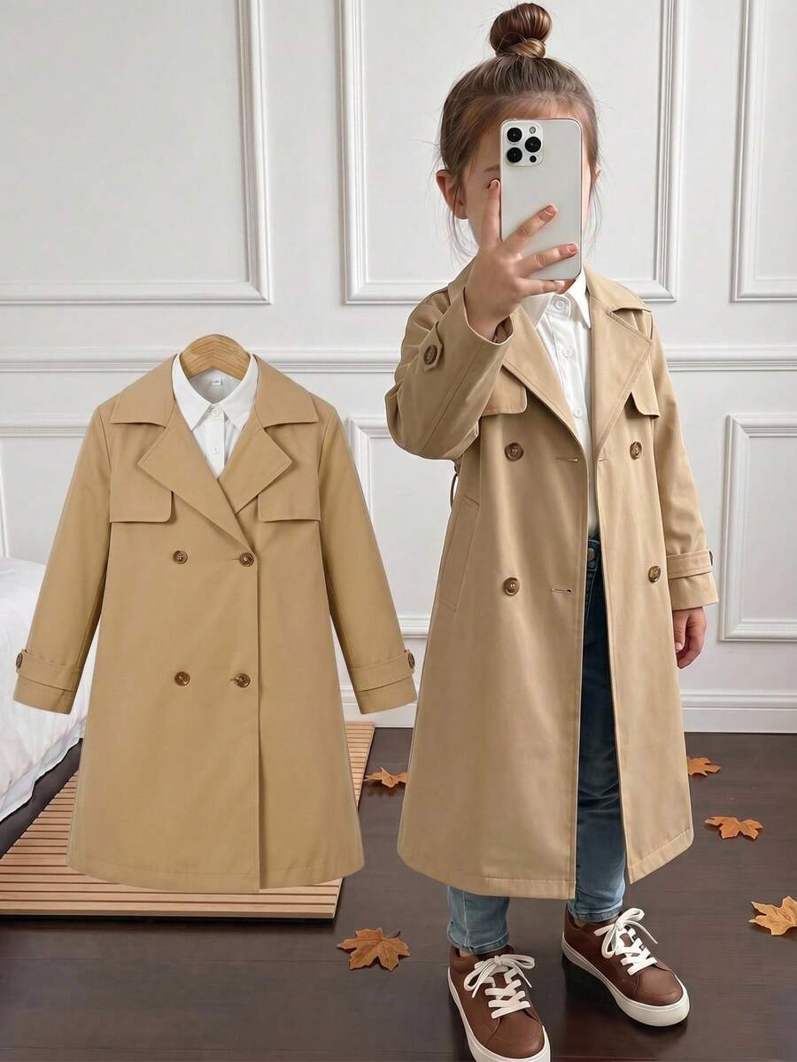 SHEIN 青少年女孩休閒時尚連帽梭織風衣,梭織布料內裡,獨特腰部扣帶設計,經典百搭版型,寬鬆舒適,適合秋冬日常通勤、戶外玩耍、外出、聚會與拍照 - 卡其色 - 查看 1