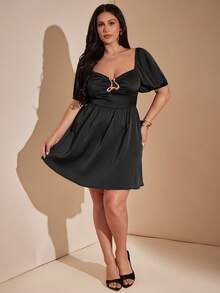 SHEIN BAE CURVE Plus Size Women's Black Flared Mini Dress, Square Neck Puff Sleeve Little Short Gold, Summer, Elegant Formal Cocktail Party Evening Date Night - Black - View 6