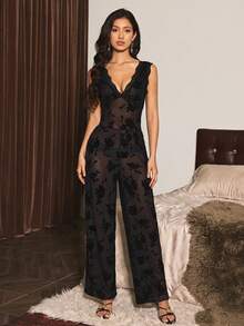 Slumberist Sheer Flocked Romantic Sexy Rose Pattern Deep V-Neck Backless Sleeveless Tank Top Style Women's Pajama Romper Sleep Night Black Summer - Black - View 5