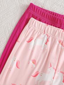Girls' 2 Pieces Knit Slim Fit All-Match Casual Versatile Spring/Summer Unicorn Print Rose Red Leggings, Wearable All Year Round - Multicolor - View 5