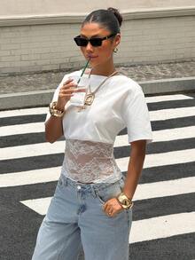Muchica White Knit Women's Contrast Lace Short Sleeve T-Shirt - White - View 6