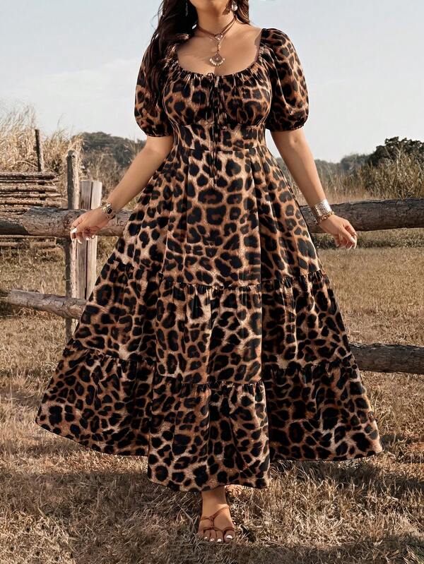 Ceyna Plus Size Spring/Summer Leopard Print Vintage Vacation Casual Elegant Dolman Sleeve Dress