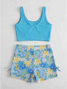 SHEIN Baju Renang Bikini Liburan Musim Panas untuk Remaja Putri, Setelan Dua Potong Motif Bunga Biru Silang Belakang, Pakaian Cepat Kering untuk Bermain di Pantai dan Kolam Renang - MultiWarna - View 2