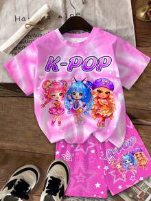 青少年女孩休閒卡通女團印花 K-Pop 超級巨星 紮染星星短袖 T 恤與短褲 2 件套，適合夏季 - 彩色 - 查看 3