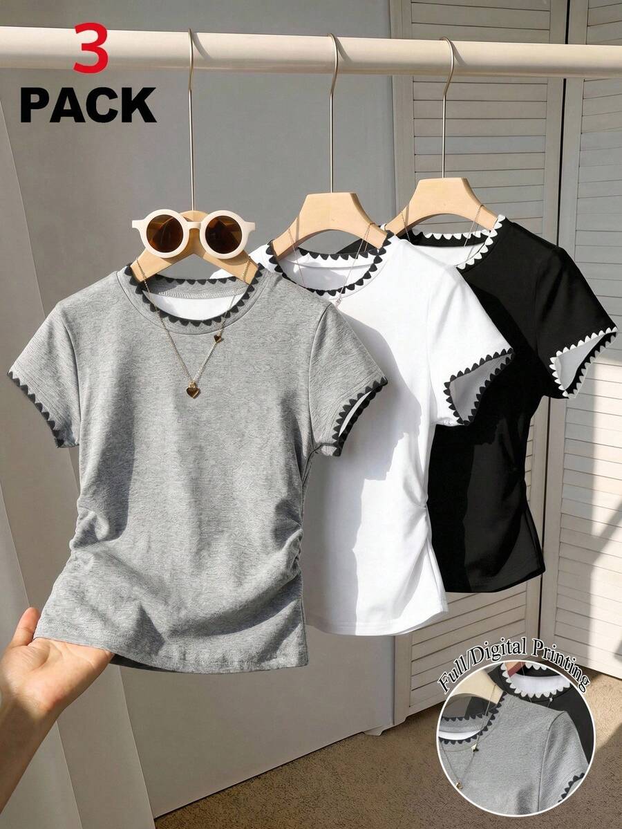 3pcs/Set Teenage Girls' Contrast Ruffle Print Round Neck T-Shirts, High Stretch Slim Fit Basic Tops For Daily Wear, Classic Black White Grey Colors - Multicolor - View 1