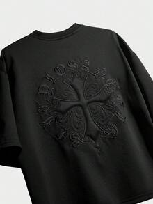 PAVTROS 男士標準版型 3D十字紋短袖圓領T恤，休閒街頭風，純色 - 黑色 - 查看 3
