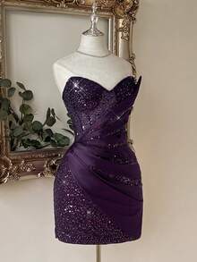 Lovelzi Elegant Deep Purple Sequin Satin Sweetheart Draped Wrap Asymmetric Ruched Corset Sparkly Fitted Short Cocktail Dress For Party Prom - Purple - View 7